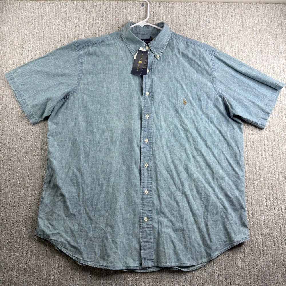 Polo Ralph Lauren Mens Size 1XB Short Sleeve Chambray Button Down Shirt Blue